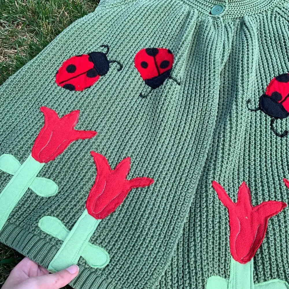 Custom Upcycled Ladybug Flower Patchwork Knit Sweater Coquette 2XL